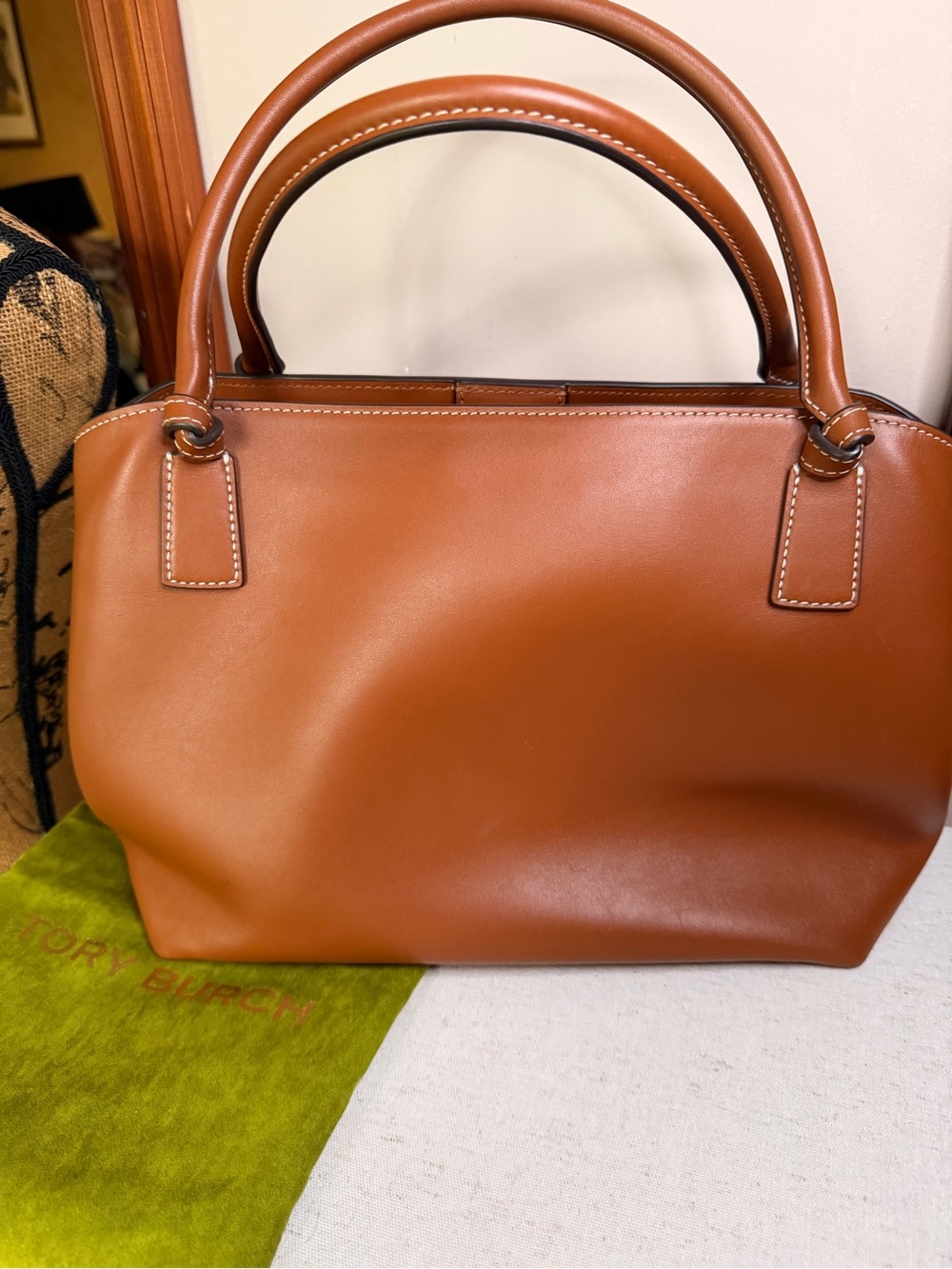 Tory Burch Brown & Cream Woven Tote with Logo - Picture 2 of 7